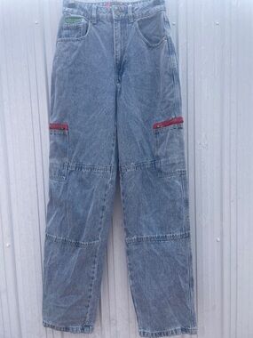 Empyre High-Rise Light Wash Blue Cargo Jeans with Red Zip Accents